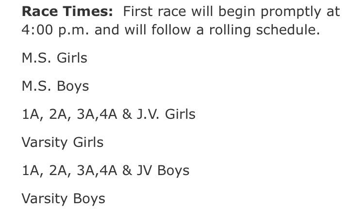 Next race coming Thursday! Come out and support Raider CC. Race at McNeil Middle School. Current posted start times: