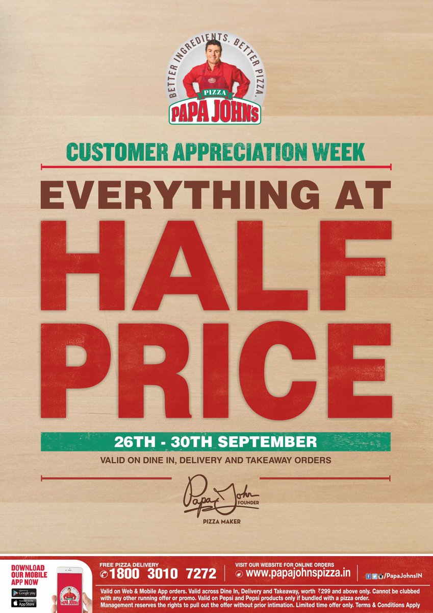 nameeshr's tweet photo. @PapaJohnsIN has launched #HalfPriceMenu all week 26-Sep'16 to 30-Sep'16. Go grab your @PapaJohns at a store next to your home :) https://t.co/3D3B9Je82R