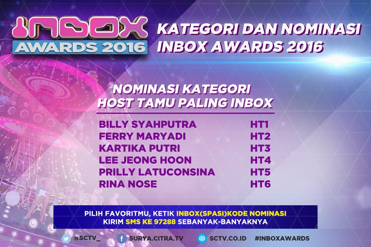 InboxSCTV_'s tweet photo. Kirim dukunganmu untuk nominasi Host Tamu Paling Inbox di #InboxAwards 2016! Cek posternya ya! https://t.co/LschhTuTCT