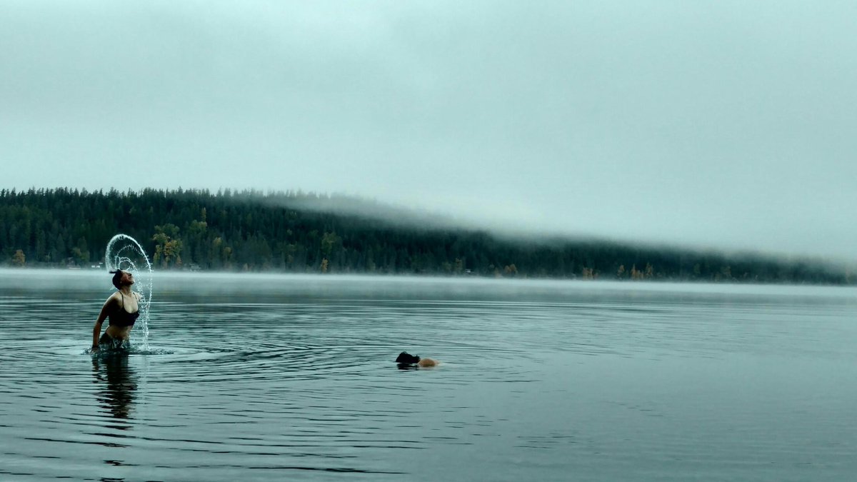 Nothing like a refreshing morning swim in a glacial lake! Unfortunately Peter missed the cue for the synchronized hair flip.