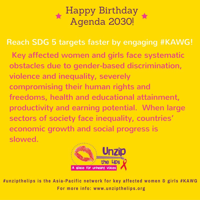 UNAIDS_AP's tweet photo. AGENDA 2030 TURNS 1! Share this bday message to govts on ending #GBV &amp; discrimination against women frm key pops #KAWG #unzipthelips https://t.co/ryzVj415EY