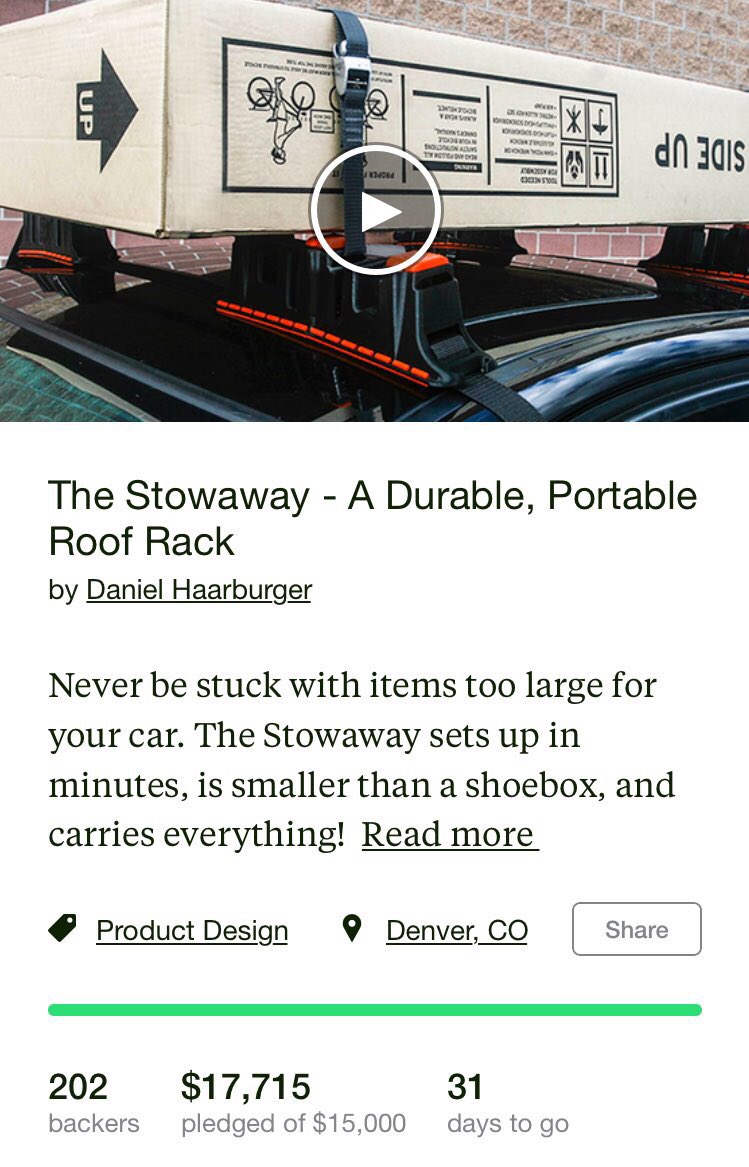 StowawayRack's tweet photo. In less than 12 hours,The Stowaway Roof Rack was fully funded on @kickstarter ! Thanks everyone. #entrepreneur #automotive @cartalk https://t.co/44osVxPdQ8