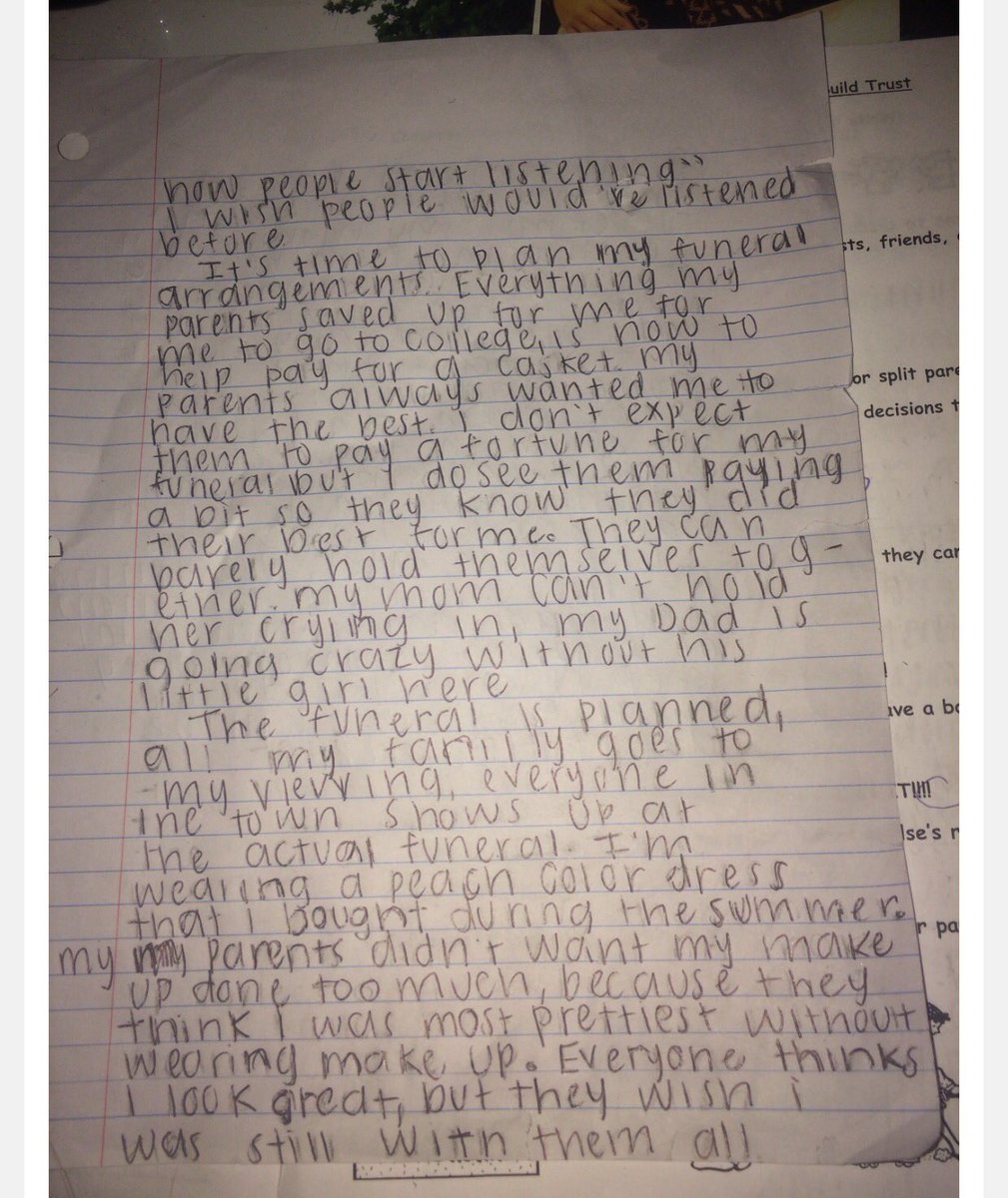 kayyllahhh's tweet photo. While hospitalized we had to write a story based on if we actually succeeded in suicide.... Hardest shit ever.
(Original post got deleted:() https://t.co/davA5Lw2Ri