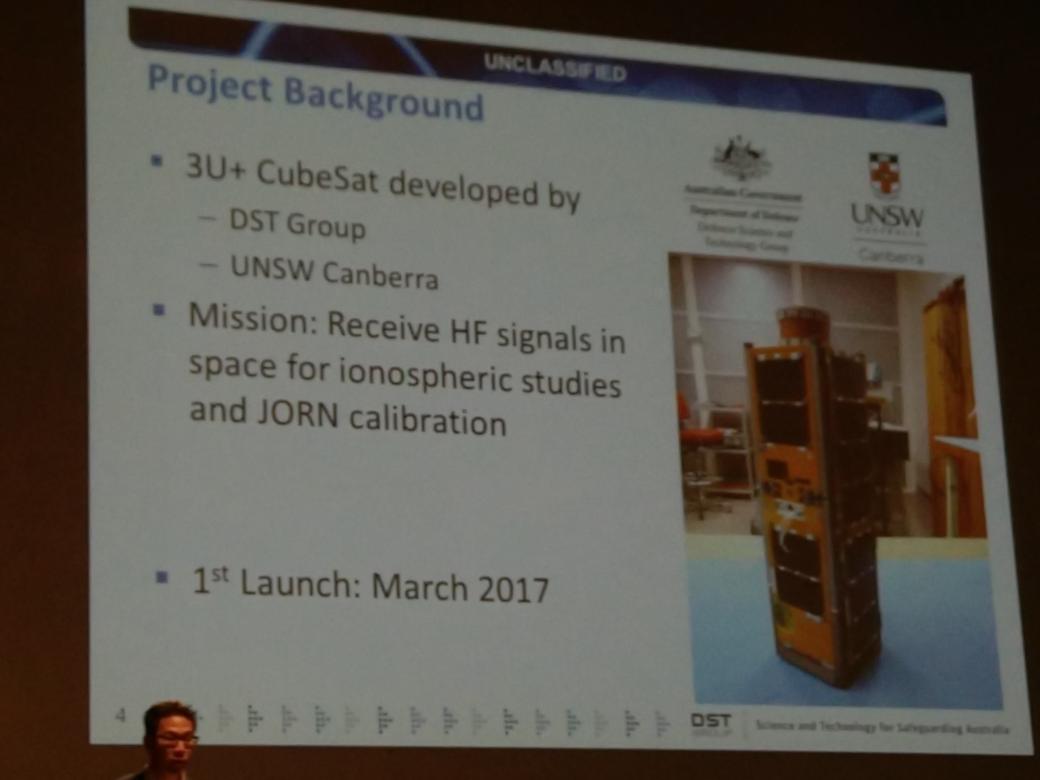 vacant3rdman's tweet photo. 1st in the session, Garland Hu from DSTG on the Buccaneer #CubeSat flight software design. Has to handle lots of COTS subsystems #ASRC16 https://t.co/NxJjiQ5Hk2