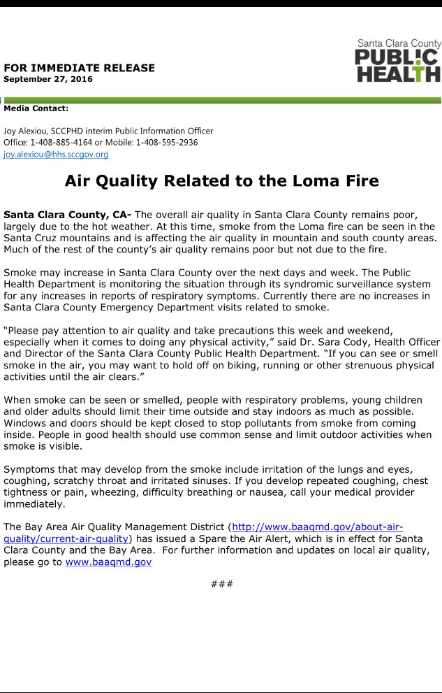 Santa Clara County Public Health Advisory- Air Quality LomaFire SantaClaraCo