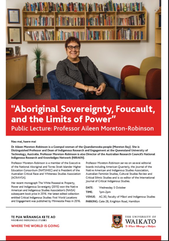 The_NIRAKN's tweet photo. NIRAKN Director public lecture at @Waikato NZ October 5th 2016 on #AboriginalSovereignty #Foucault and the Limits of Power #NIRAKN2016 https://t.co/kFYklAaanw