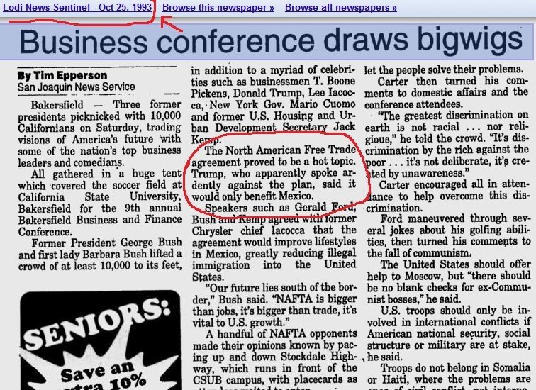 PrisonPlanet's tweet photo. Trump opposed NAFTA 23 years ago. https://t.co/FDFudC5dUD