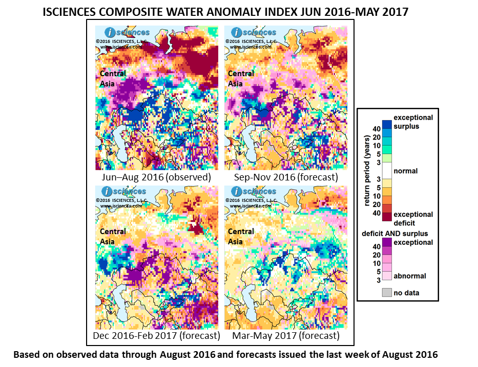 isciences's tweet photo. 3-mo #water forecasts: mod deficit #Turkmenistan #Uzbekistan (thu Nov); surplus #VolgaBasin & #Kyrgyzstan (thu Feb) https://t.co/ykvn4ZeL7N https://t.co/V6eiHG6tUi