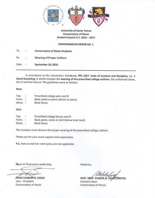 ustcmsc's tweet photo. MEMORANDUM ORDER NO. 1: Wearing of Prescribed Uniform.

#MusicMemo #USTCMSC https://t.co/NDanO4KmXi