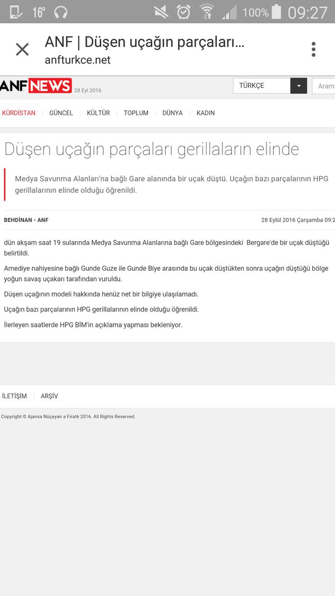 Ve beklediğimiz haber ucak parçaları gerillanin elinde..