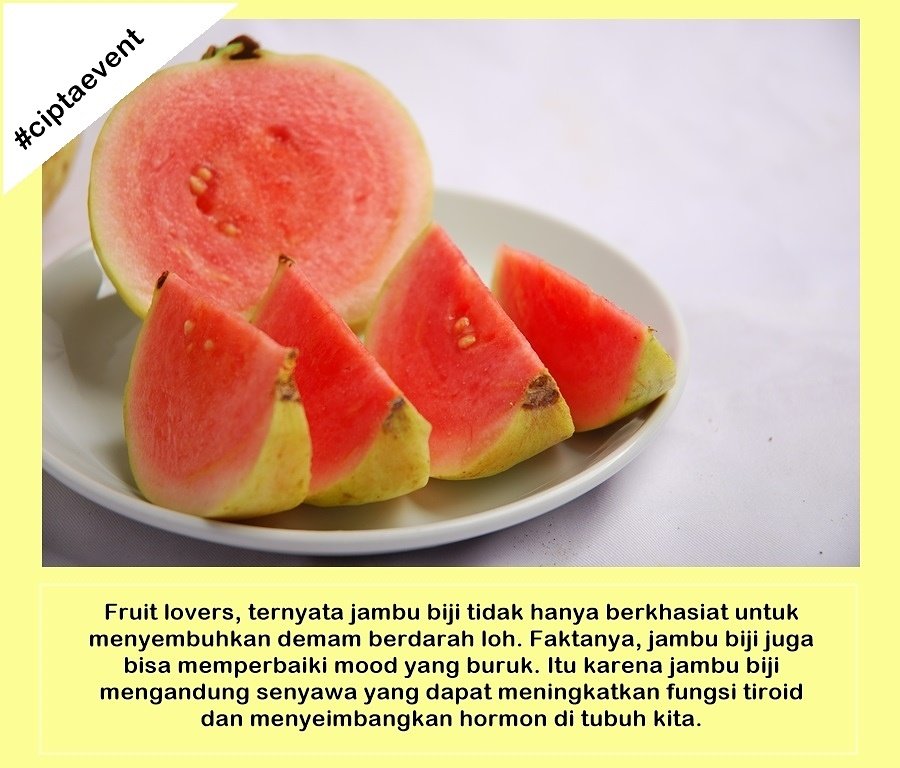 ciptaevent's tweet photo. Fruit lovers, ternyata jambu biji bisa memperbaiki mood yang buruk loh. yuk konsumsi jambu biji
.
#buah #jambubiji #tipssehat #moodbooster https://t.co/lOMlMR5OV1