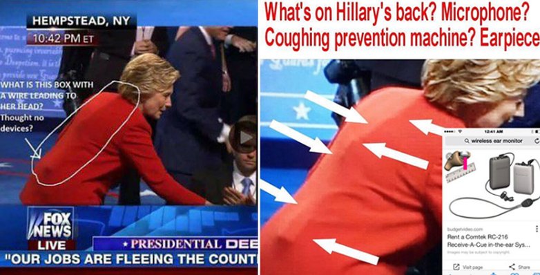 BuzzFeedNews's tweet photo. So there’s a new conspiracy theory that Hillary Clinton cheated at the debate by wearing a hidden device 
https://t.co/wqPtAEjx97 https://t.co/M4p6TxIfEm