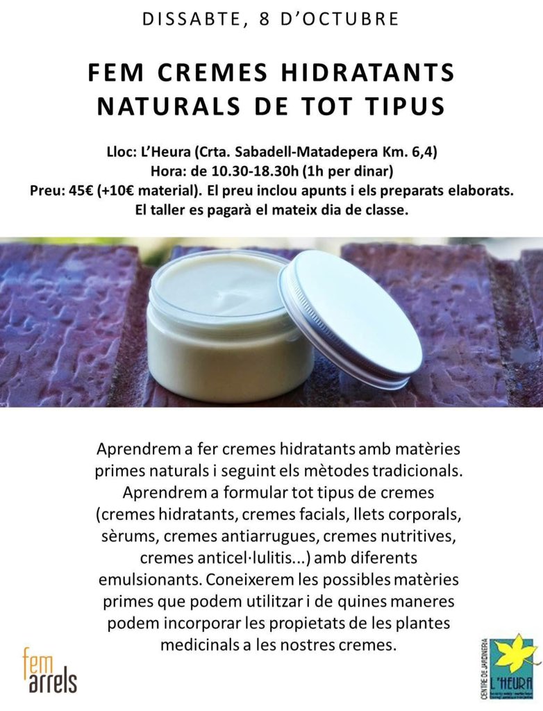 femarrels's tweet photo. Dissabte 8 d'octubre, taller de cremes hidratants naturals a L'Heura. Us hi esperem! https://t.co/e0q43Tl4OL