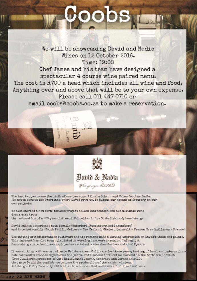 CoobsParkhurst's tweet photo. BOOK NOW for a fabulous evening with @DavidandNadia on Wed 12th Oct 19:00 Call 011 447 0710 or coobs@coobs.co.za @MinetteCo @GreatDomaines https://t.co/AtL8SstFuM