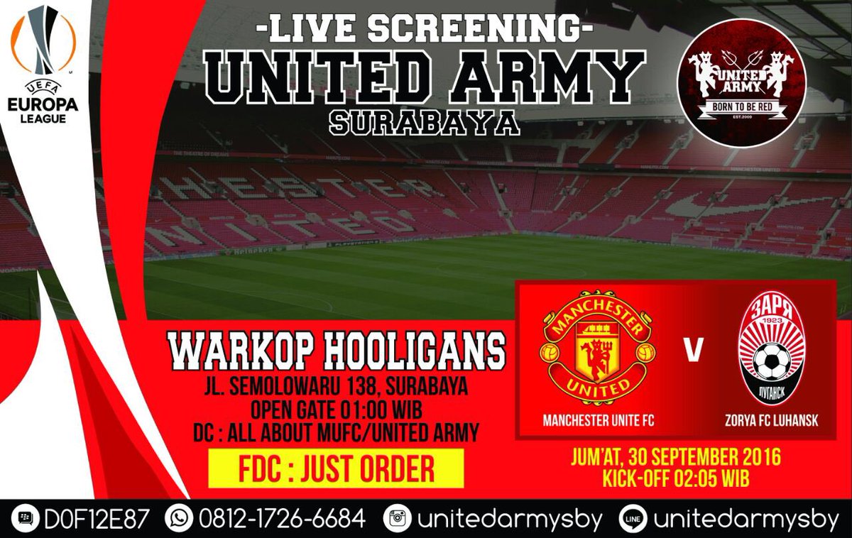 Live Screening
<a href="/EuropaLeague/">UEFA Europa League</a> 
#Manutd v #Zorya
Jumat 30 Sept 2016
Warkop Hooligans
OG 01.00 WIB
Jl Semolowaru no.138
Info lebih hub CP dibio
