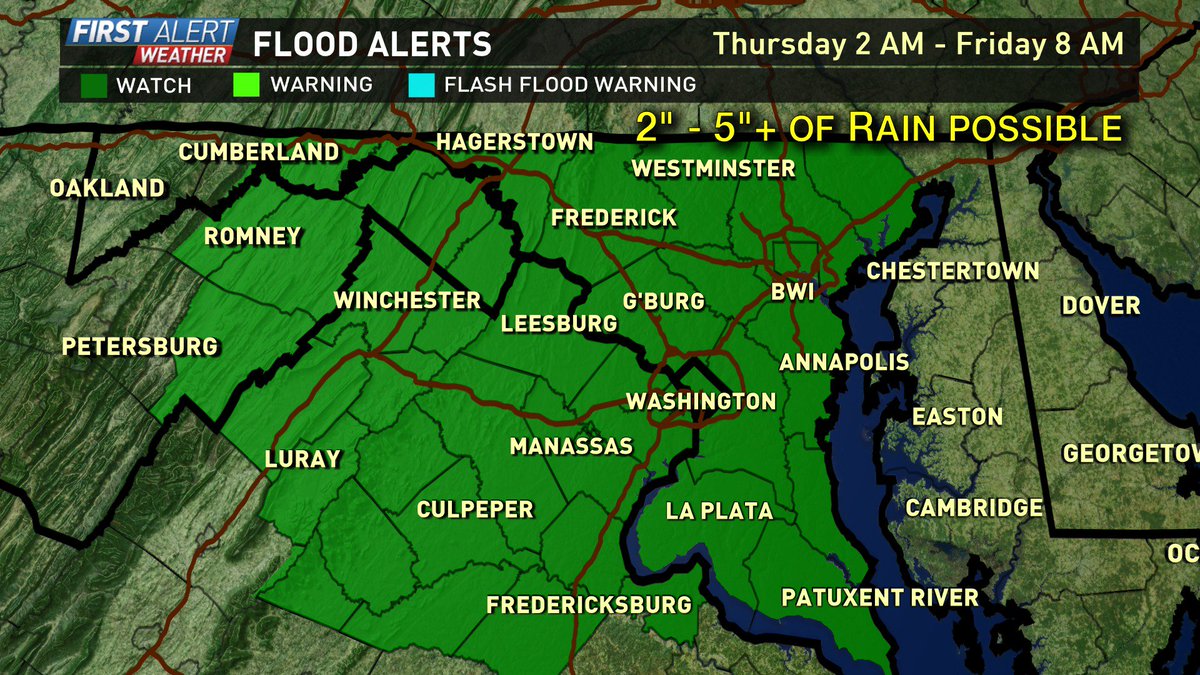 Lots of rain headed our way in the next 48 hours. Flash flood watch in place. @wusa9