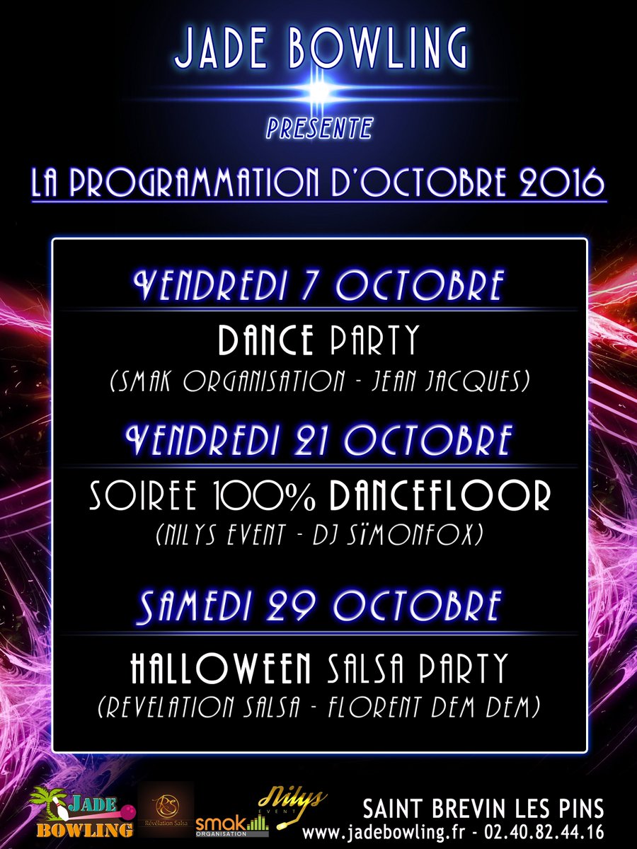 jade_bowling's tweet photo. Programmation d'octobre 2016 @jade_bowling 
#soiréesgratuites #dancefloor #danceparty #salsaparty https://t.co/JjJMryYL9R