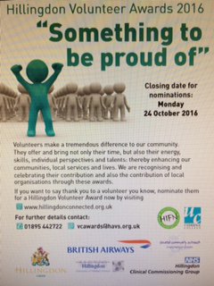 HillingdonVC's tweet photo. Know a great volunteer in Hillingdon? Nominate them for an Award before 24th October 2016 https://t.co/HvRPSlZR4S https://t.co/RxIAJEZLm6