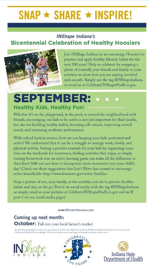 Indiana2016's tweet photo. Check out how @INShapeIndiana has been promoting healthy lifestyle choices for the Bicentennial! #INShapeIndiana https://t.co/p6p1DkeLo6