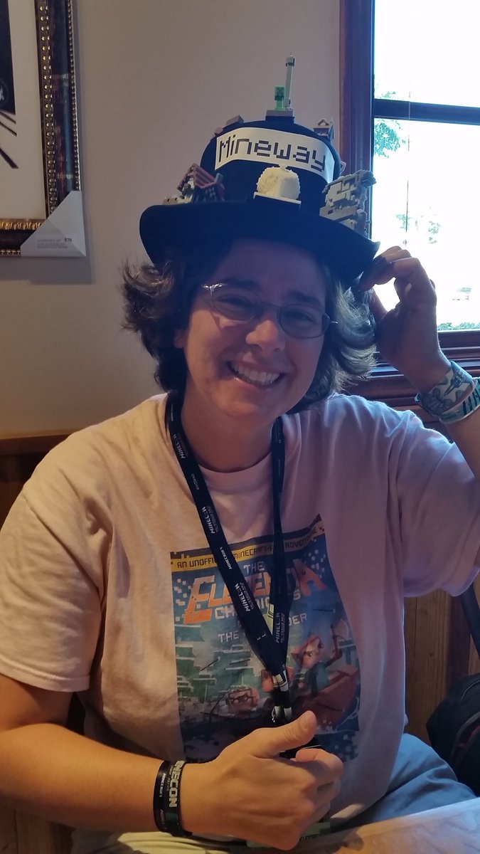 kellifaywolfe's tweet photo. My favorite hat at #Minecon2016 .All the objects were made from a 3D Printer. Very Cool. #Mineway https://t.co/2JQbEsiyEI