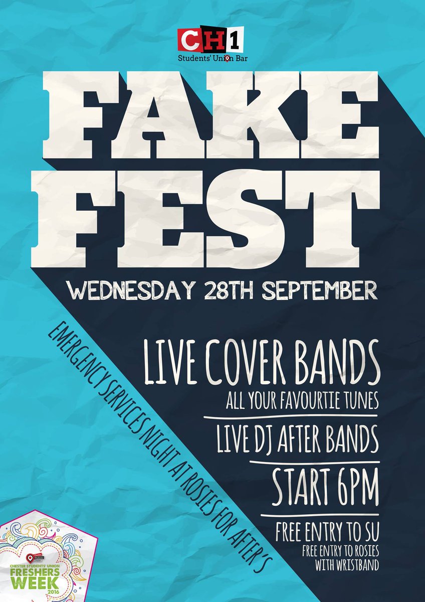 CH1Bar's tweet photo. #FakeFest tonight from 6pm - FREE for everyone and entry to @rosieschester with the #CSUfreshersweek wristband https://t.co/oHmNpnCqvm