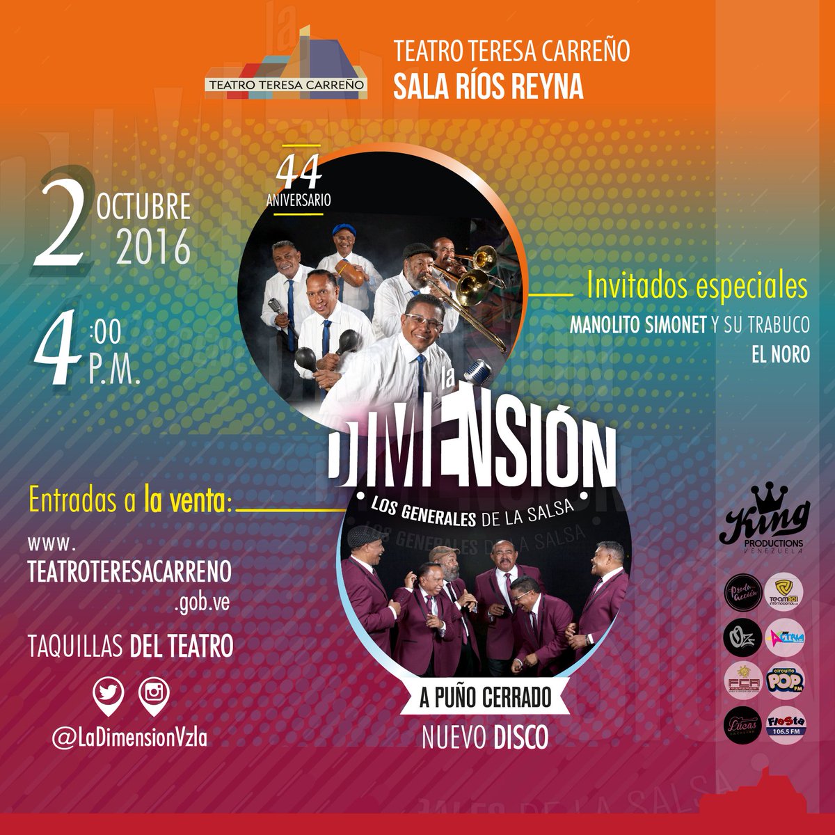 LaDimensionVzla's tweet photo. #LaDimensiónOriginal este 2O en el @teresacarreno 4:00 P.M, con Manolito Simonet y El Noro de #Cuba. https://t.co/lhCvnXIeCA