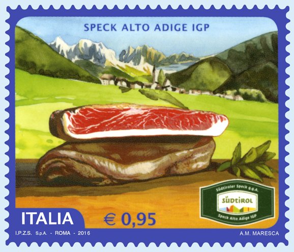 TurismoItaliaNw's tweet photo. #francobolli Eccellenza dal gusto intenso fra i dentelli: da antiche ricette di famiglia lo #Speck #AltoAdige #Igp https://t.co/H6KofslICb https://t.co/NAYjdLfWHW