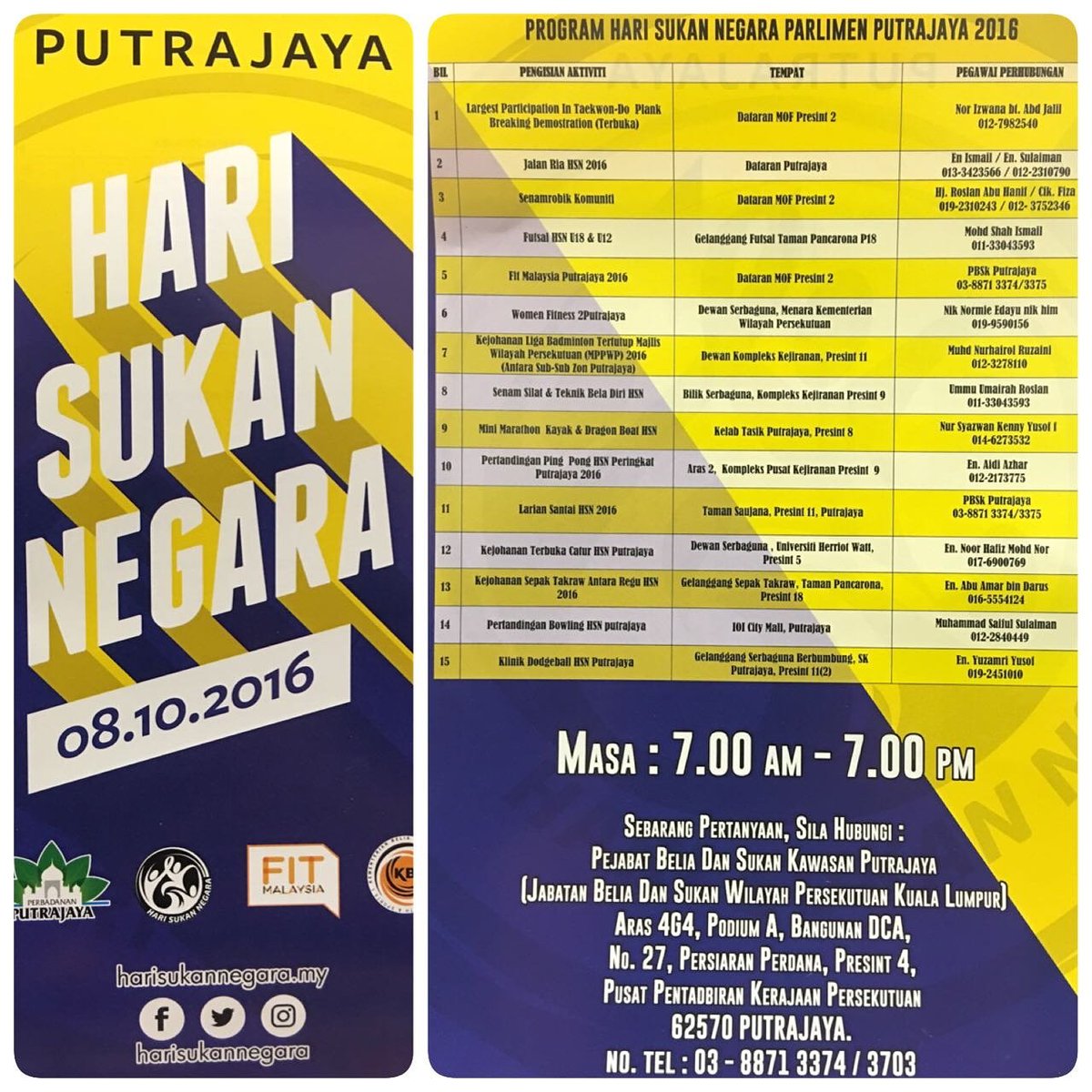 KBSMalaysia's tweet photo. Hari Sukan Negara Putrajaya, 8 Oktober ini! Maklumat lanjut, hubungi 8871 3374. #HSN2016 https://t.co/YpuLS0RLgE
