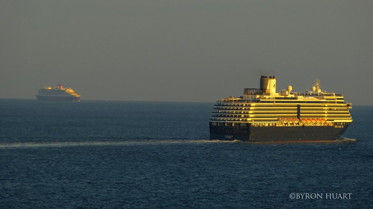 liveboatusa's tweet photo. @HALcruises #HALcruises #Zuiderdam w @cunardline #QueenMary2 in the #distace #sailing out to #opeansea to yet another #island to call home. https://t.co/5fKu7pcyV4