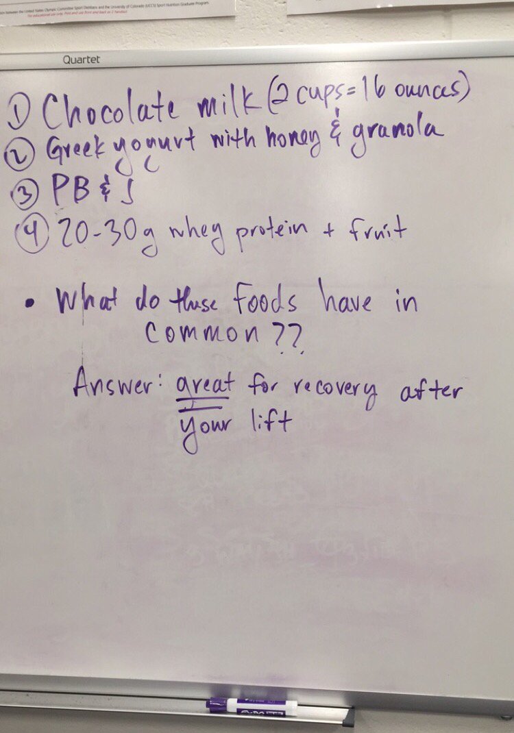 NYU_Strength's tweet photo. What’s your post lifting fuel of choice? All these are great options. #whiteboardwednesday #fueling #recovery #protein https://t.co/VkOKGl2s99