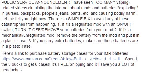 TowerOfVape's tweet photo. https://t.co/vxZjpp4qCp #vape #vaping #vaper #vapers #batterysafety #IMRBattery #TowerOfVape #vapesafely #vapingsafely #vapelife #vapers https://t.co/lBT9q1YOHX