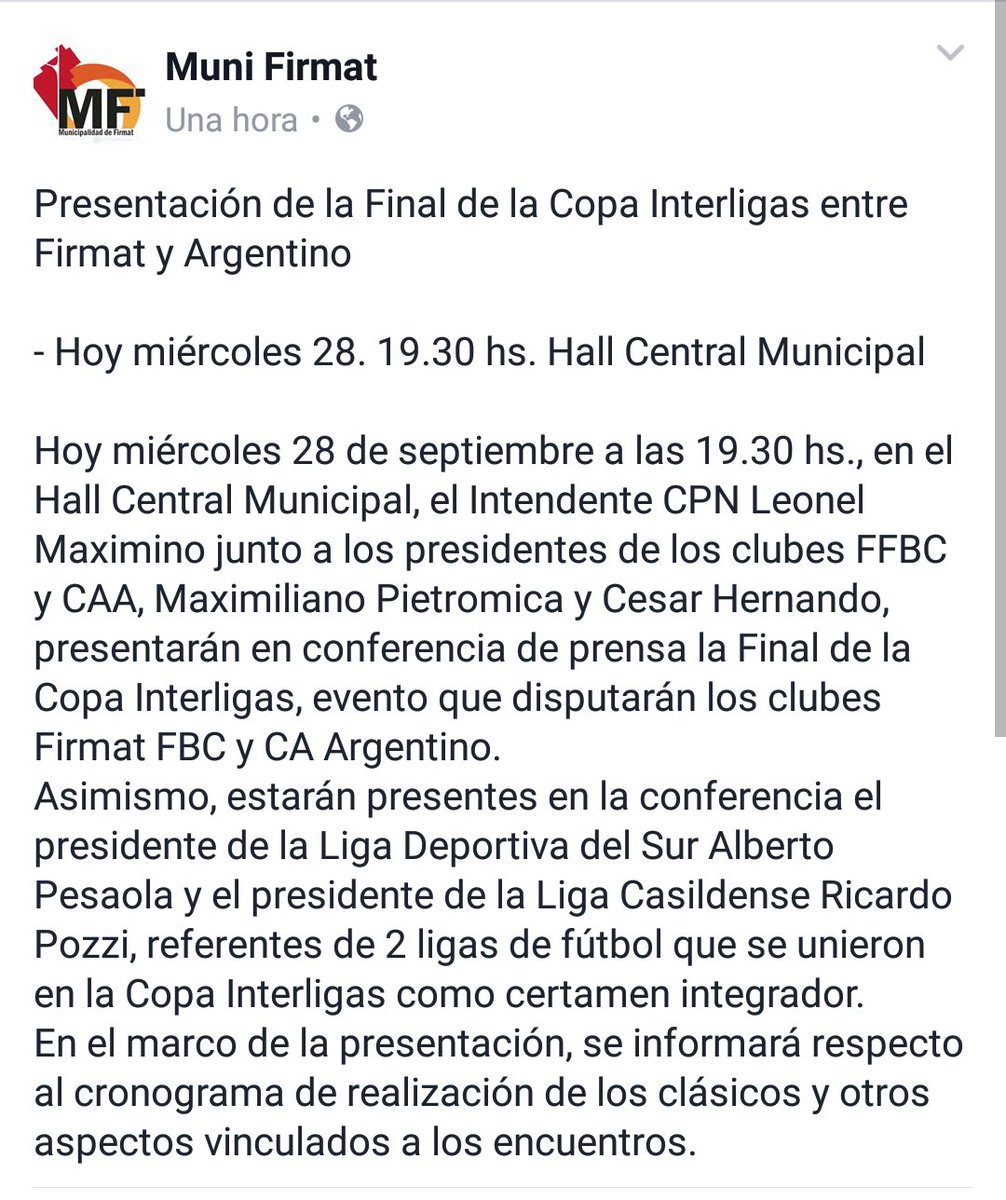 FirmatMunicipio's tweet photo. HOY 19.30 hs. se presenta "La Final" de la Copa Interligas en el Hall Central Municipal. @CAA_Firmat @FirmatFBC https://t.co/eIrwmunvxa