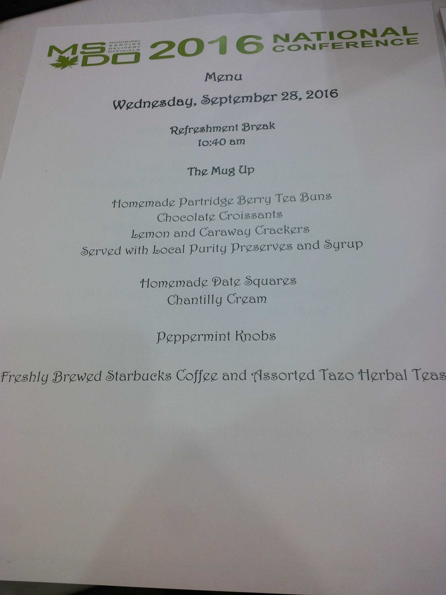 KKDMEES's tweet photo. Not everyday that the coffee break menu looks like this. Being spoiled at #msdo2016. Loving St. John’s! https://t.co/0MgJzC9ADx