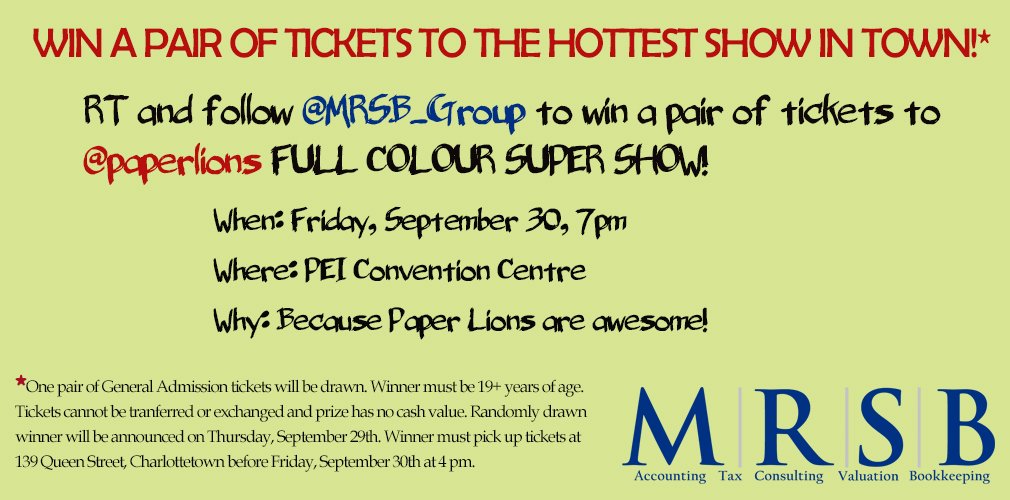 MRSB_Group's tweet photo. Hey PEI - we're giving away a pair of tickets to Friday's @paperlions Super Show! RT &amp; follow to win! #hottestticketintown https://t.co/y1ZHXyvRYM