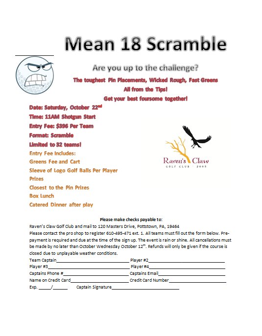 RavensClawGolf1's tweet image. FALL FOURSOME CONTEST. Re tweet this post to enter a chance to win a foursome here at Raven's Claw. Must re tweet and be a follower to win!