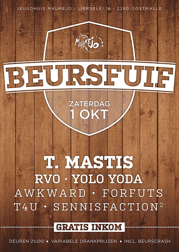 Nu zaterdag #Beursfuif in uw jeugdhuis met oa. <a href="/TMastis/">T.Mastis</a>! goo.gl/UbnnZ4