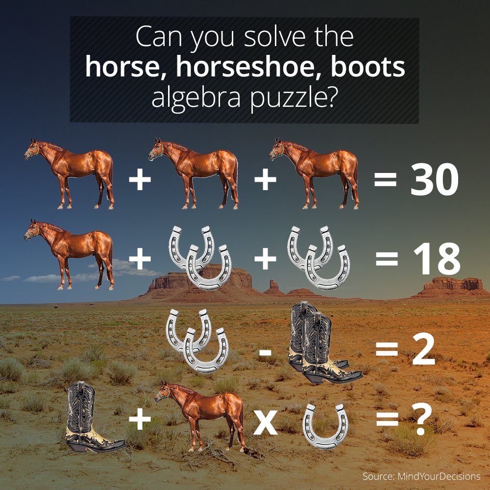 curiositydotcom's tweet image. Can you solve @preshtalwalkar’s horse, horseshoe, boots #algebra #puzzle? curiosity.com/topics/can-you… #math #Curiosity #getsmarter