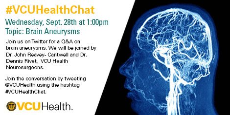 VCUHealth's tweet photo. Join us on Twitter at 1:00PM for a #VCUHealthChat on Brain Aneurysm. https://t.co/xHvATq0eaO