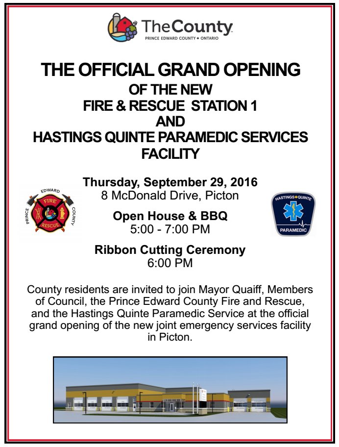 Shire_Hall's tweet image. Don't forget! Tomorrow is the grand opening of our new Fire &amp;amp; Paramedic Services facility in Picton. We hope to see you there!