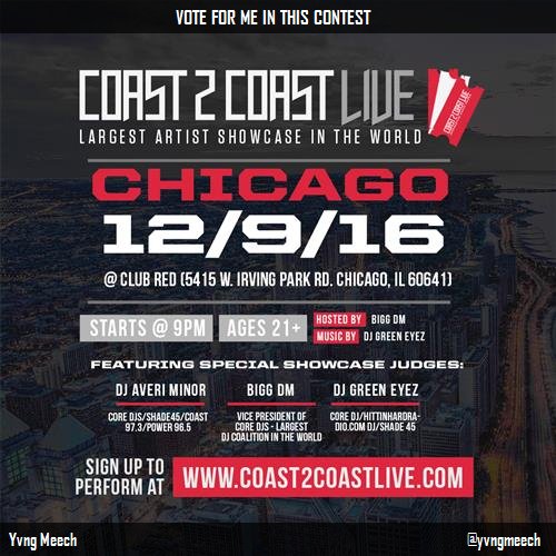 yvngmeech's tweet photo. Just voted for @yvngmeech to perform at #Chicago Edition 12/9/16! https://t.co/VqSjgB0qmA #Coast2Coast https://t.co/ef4GjX0Pxd