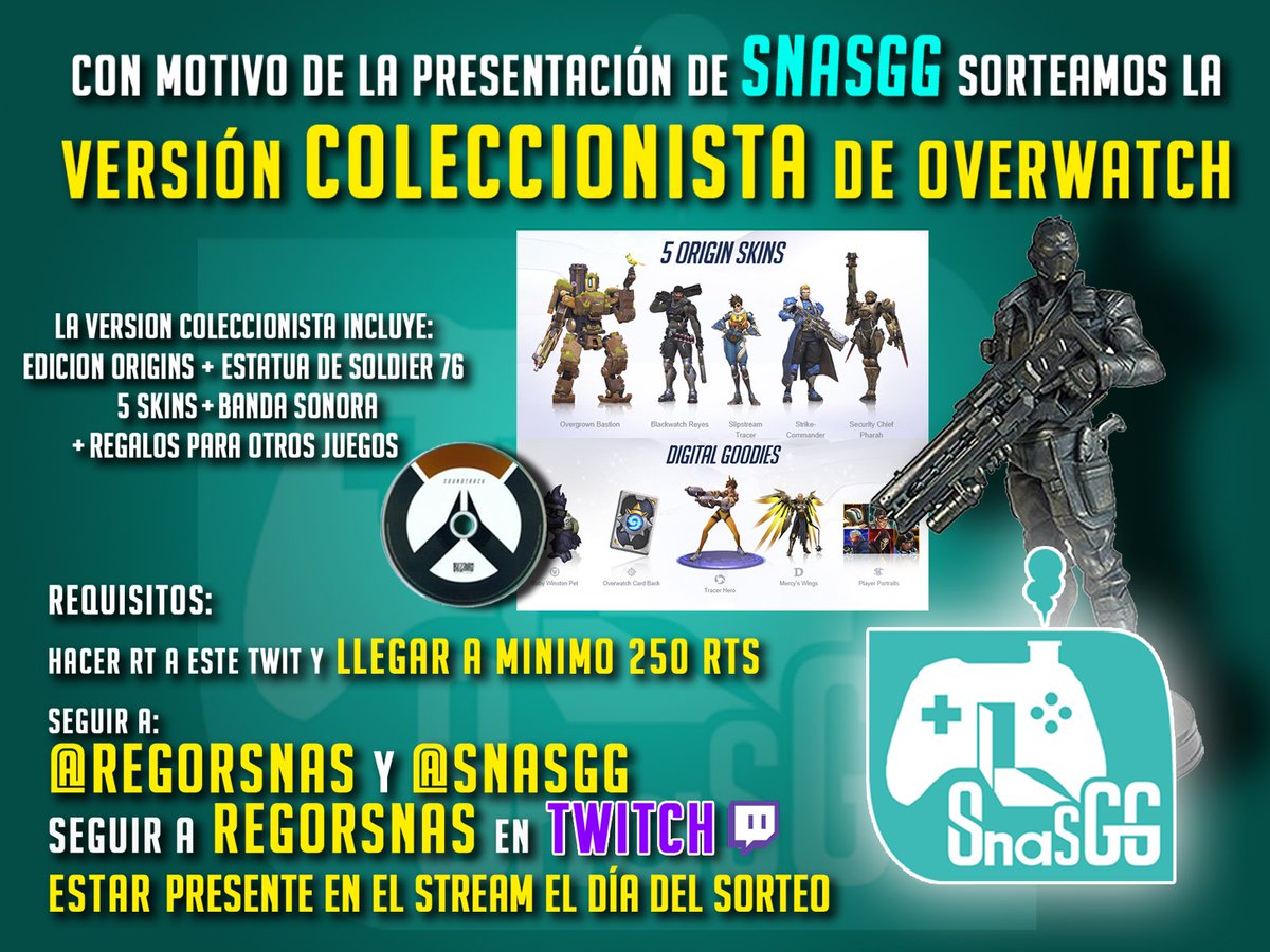 regorsnas's tweet photo. Sorteo versión coleccionista #Overwatch haz RT y folllow a @regorsnas @snasgg y en Twtich https://t.co/fgQtvGu7yG Vamos 250 RT #twitch https://t.co/L5IVPJyunY