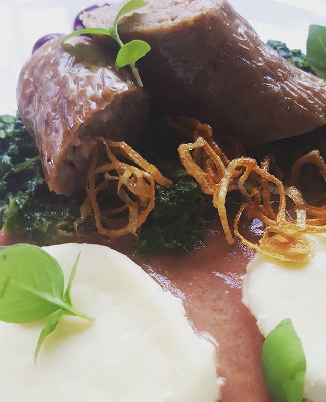 Try our Turo Cheese Dumplings made with Fennel Sausage, Red Onion Marmalade, Sunflower Creamed Kale and Crispy Shallot. #AtlantaEats