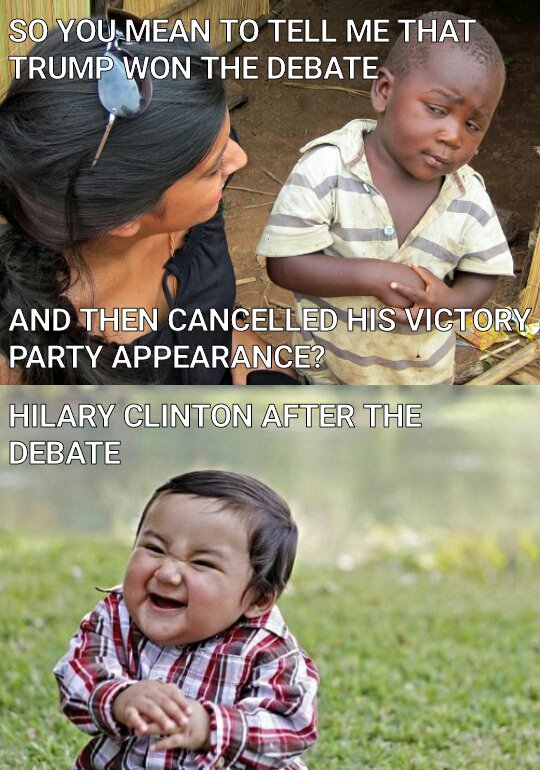 amazingmemez's tweet image. #DebateNight #TrumpWon #ClintonWon @HillaryClinton @realDonaldTrump

Created using: The Amazing Meme Generator
play.google.com/store/apps/det…