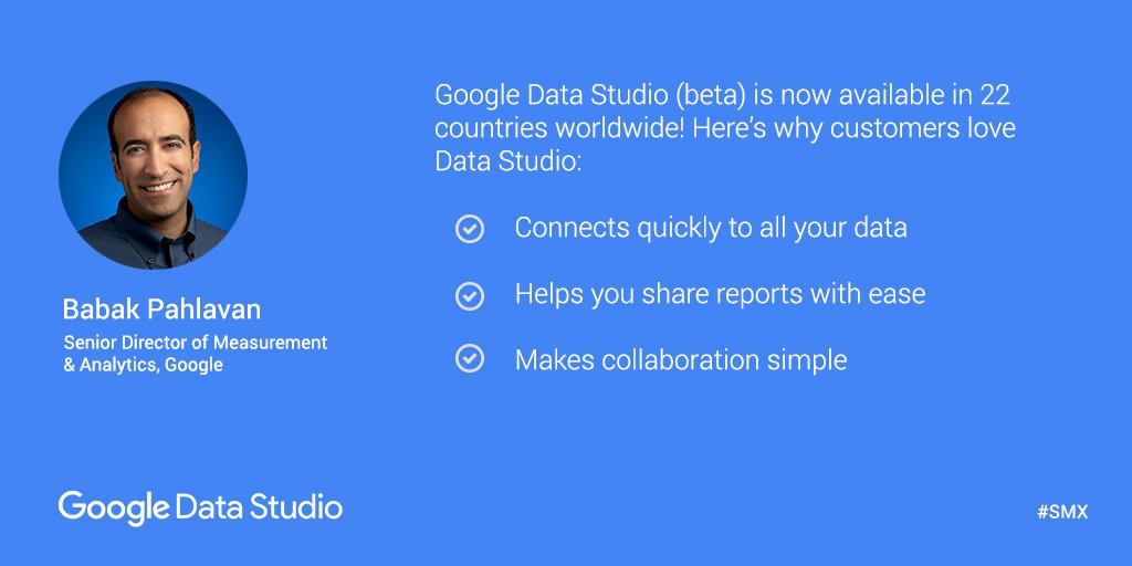 Google Data Studio (beta) is now available in 22 countries! Try it for free today: goo.gl/FXC2xw #SMX