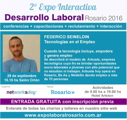 arbustaIT's tweet photo. No te pierdas la oportunidad de participar a la segunda #ExpoInteractiva de #DesarrolloLaboral en #Rosario mañana 29/9 https://t.co/59AQydBBf7