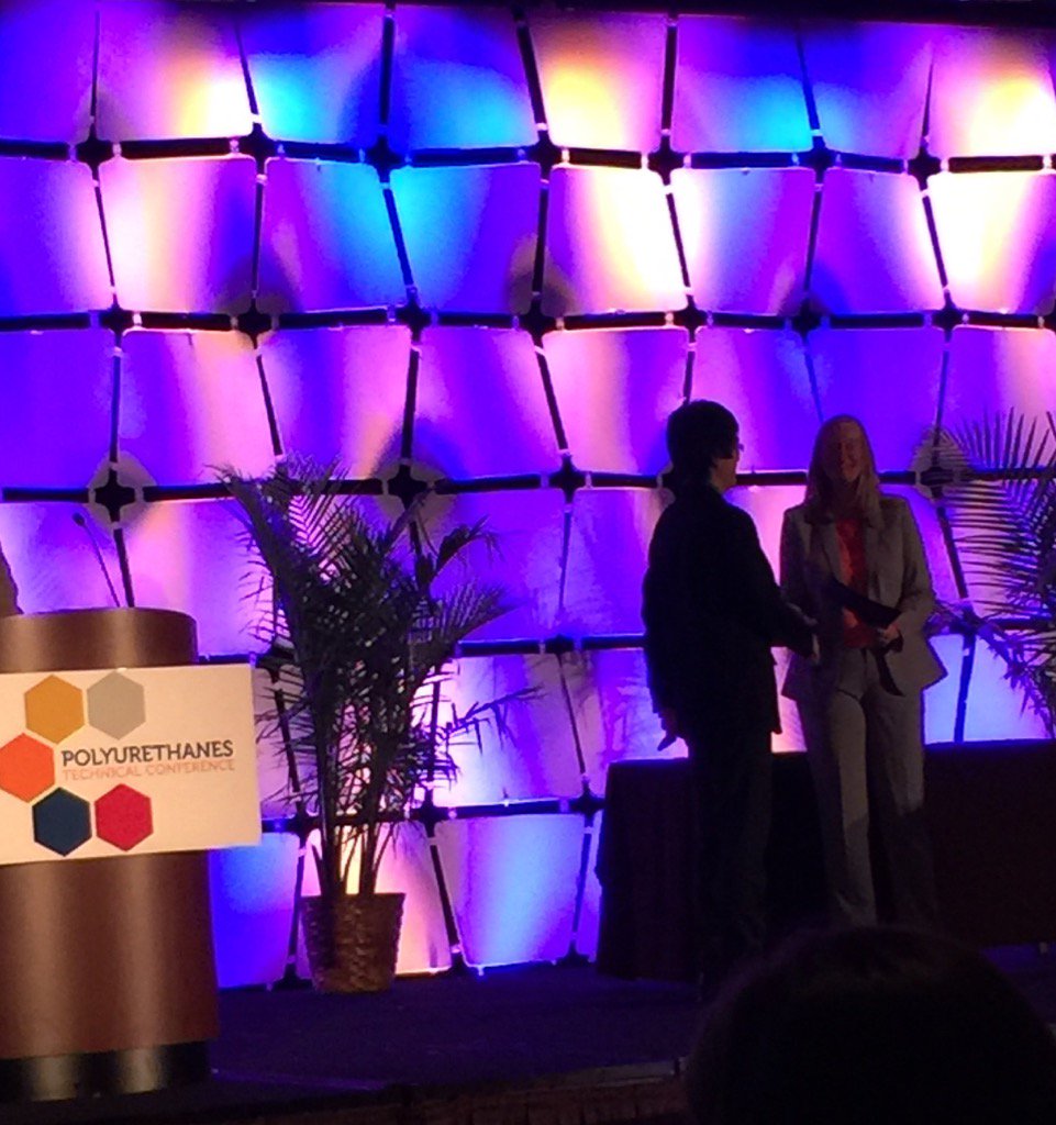 DougKTodd's tweet photo. Congratulations Kaoru Aou for best flexible foam technical paper for Ultra High Air Flow Visco Foam #polycon16 https://t.co/E6i4sjL8wm