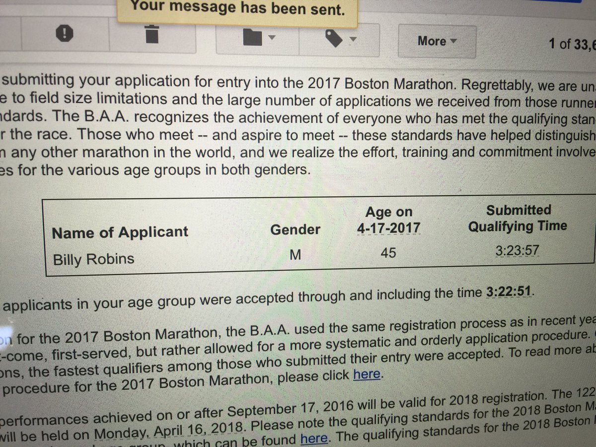 Chasing180's tweet photo. Hey @pencoyd 3rd time is NOT the charm. got official Finger (yeah, middle) from @bostonmarathon. 66 seconds; past 3 BQs no Entry by 170 secs https://t.co/9X96HZlD1b