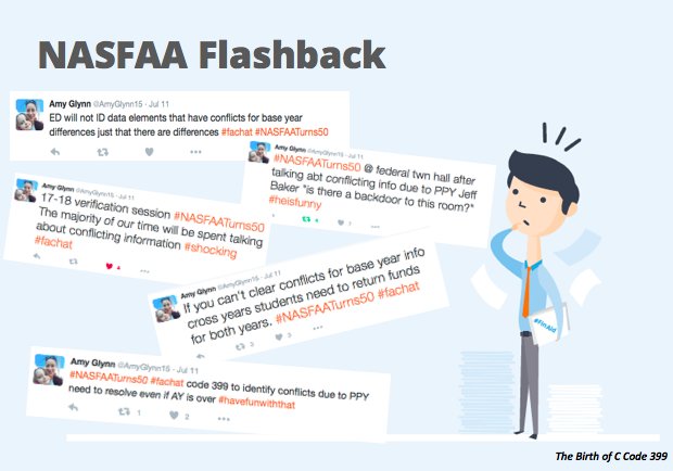 CampusLogic's tweet photo. At #NASFAATurns50 #FinancialAid learned of need to stop disbursing future aid when an ISIR with a #CCode399 arises. #CLLiveTweet https://t.co/ChhMkjHDz3