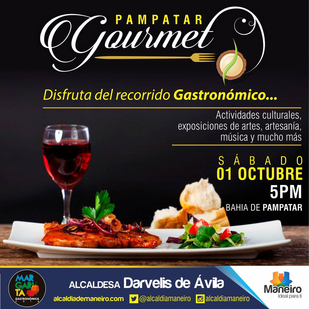 AlcaldiaManeiro's tweet photo. Este 01.10 te invitamos junto a @SaborMargarita a disfrutar desde las 5PM de #PampatarGourmet ¡Una manera diferente de disfrutar sus calles! https://t.co/335zZDu3RV