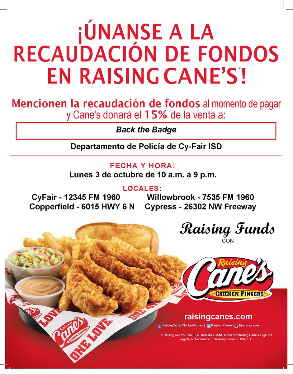 .<a href="/CyFairISD/">Cypress-Fairbanks ISD</a> ¡Reserven la fecha! Evento de recaudación de fondos el 3 de octubre en restaurantes Raising Cane's a beneficio de <a href="/CFISDPolice/">Solar Guy</a>